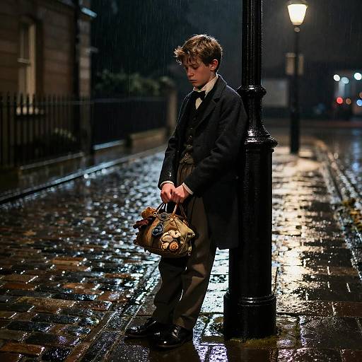 Photograph: Young man in Victorian-style black suit and bow tie, holding a brown leather bag, standing under a streetlamp on a wet, rain