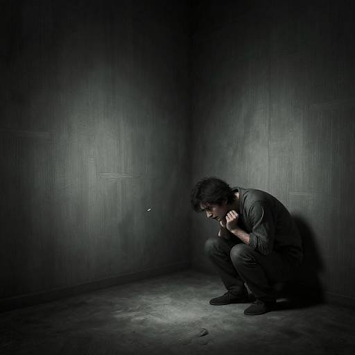 Photograph of a distressed man with dark hair, wearing a black shirt and pants, crouching in a dimly lit, gray-walled corner