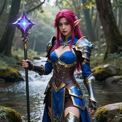 Digital art of a red-haired elven warrior with blue and gold armor, holding a glowing purple staff, standing in a forest by a flowing stream.