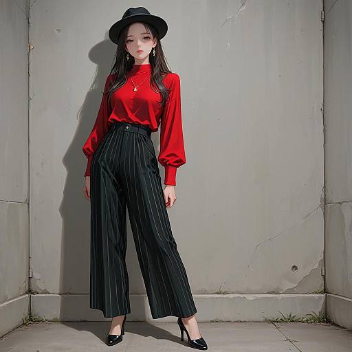 Fashionable Woman in Red Shirt and Striped Pants