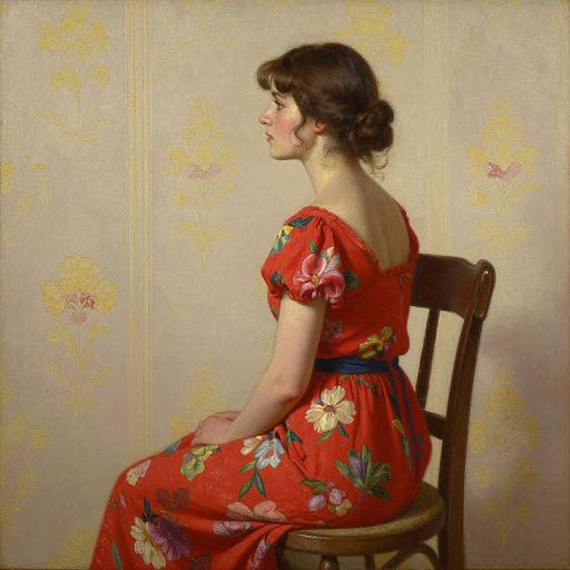 Photograph-style painting of a young woman with fair skin, dark brown hair in a bun, wearing a red floral dress, seated on a wooden chair