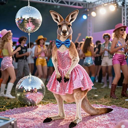 Photograph of a kangaroo in a sparkling pink dress with blue bowtie, standing on glittery ground, with disco balls and dancing people in colorful