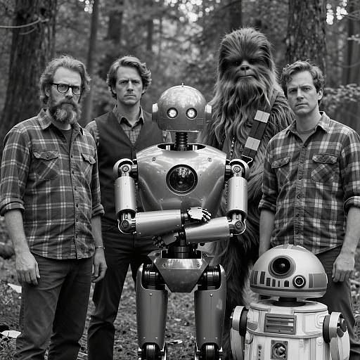 Black and White Group with Robots and Creature in Forest