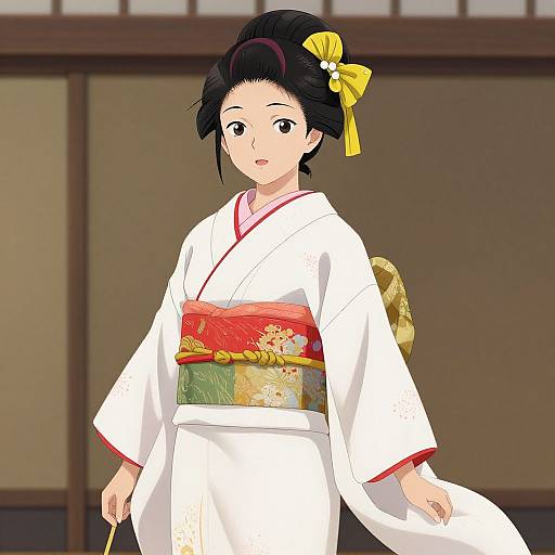 Digital anime-style drawing of a young Japanese woman in a white kimono with a red and gold obi, yellow hair ornament, and a traditional sh