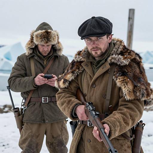 Men in Snowy Landscape with Rifles
