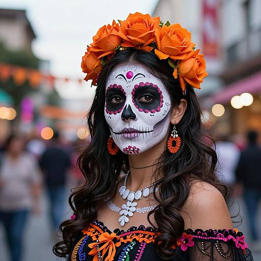 Photograph of a woman with white face paint, orange flower crown, black eye holes, orange and pink floral dress, and white flower necklace, in