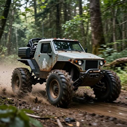 Photograph of a rugged, mud-covered, off-road SUV with large tires, driving through a dense, green forest, kicking up dirt and foliage.