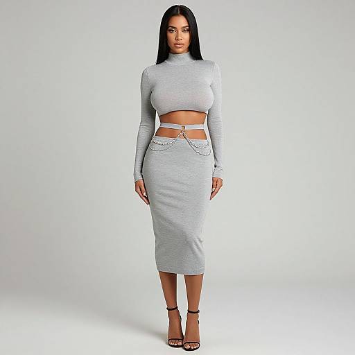 Photograph of a woman with straight black hair, wearing a long-sleeve, high-neck, light gray crop top and matching pencil skirt with chain