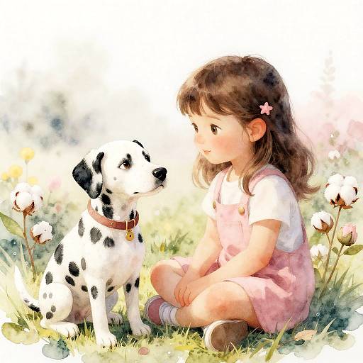 Joyful Girl and Dalmatian in Watercolor