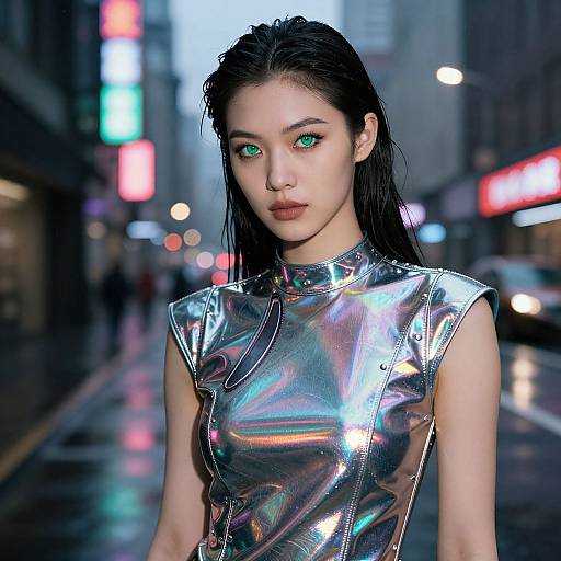 Photorealistic image of an East Asian woman with green eyes, wet black hair, wearing a shiny silver metallic sleeveless top, standing on a rainy
