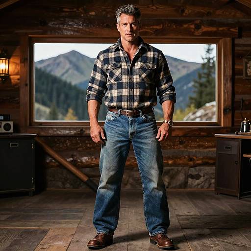 Confident Middle-Aged Man in Mountain Cabin