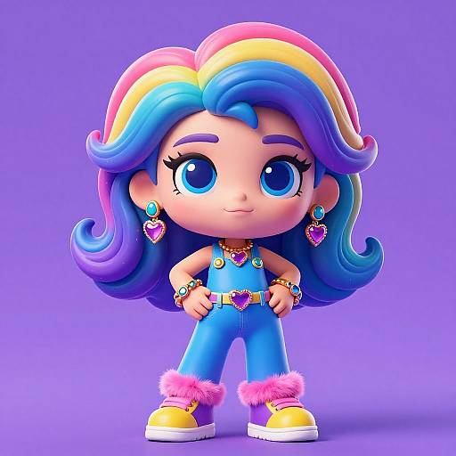 Chibi-style digital artwork of a girl with multicolored hair, blue eyes, wearing a blue jumpsuit, pink fur trim, yellow shoes,