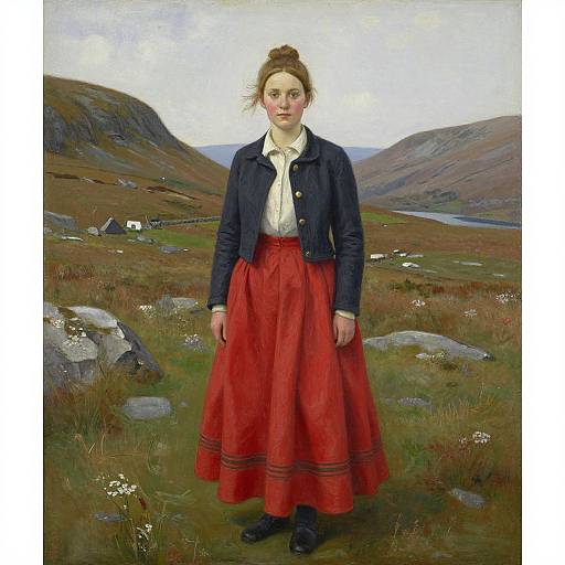Realistic painting of a young woman with light skin and brown hair in a bun, wearing a navy jacket and red skirt, standing in a grassy