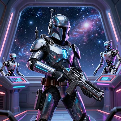 CGI of three futuristic, metallic armored stormtroopers with glowing blue accents and blasters, standing in a spaceship control room with a star-filled galaxy