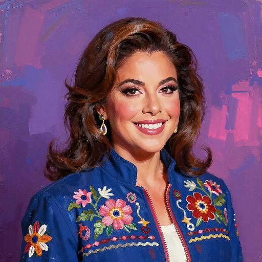 Digital portrait of a smiling woman with wavy brown hair, wearing a blue embroidered shirt with colorful flowers, against a purple abstract background.