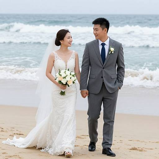 Photograph of a smiling Asian bride in a white lace dress and groom in a gray suit holding hands on a beach with waves in the background.