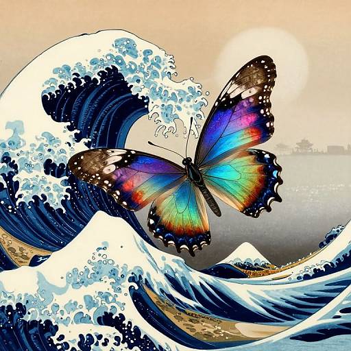 Digital artwork of a vibrant, multicolored butterfly with black edges, perched on a large, dynamic blue wave against a sunset sky.