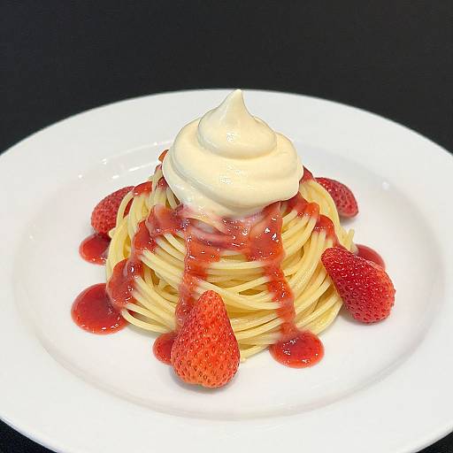 Photograph of a plate with a stack of pancakes topped with whipped cream, strawberries, and strawberry syrup, set against a black background.