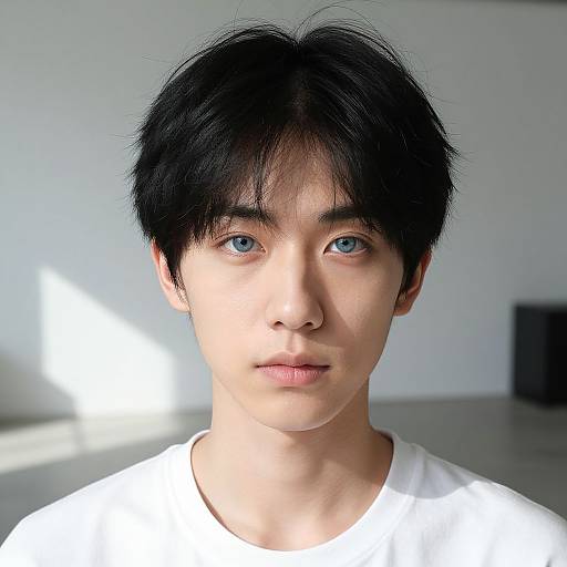 Photograph of a young Asian man with black, slightly messy hair, blue eyes, fair skin, and wearing a plain white shirt, facing the camera