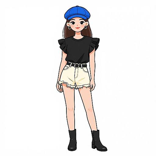 Digital drawing of a young woman with long brown hair, blue beanie, black top, white frayed shorts, black belt, and black ankle boots