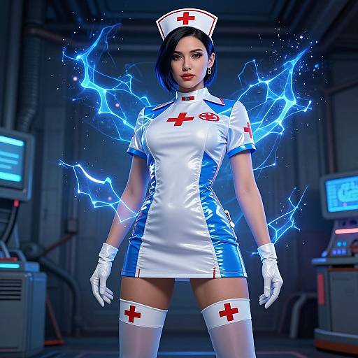 Digital artwork of a sexy, dark-haired nurse with blue electric bolts, white and blue mini-dress, thigh-high stockings, and gloves, standing in