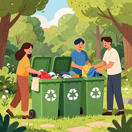 Illustration of three people sorting recyclables in green recycling bins in a sunny, leafy park, with trees and flowers in background.