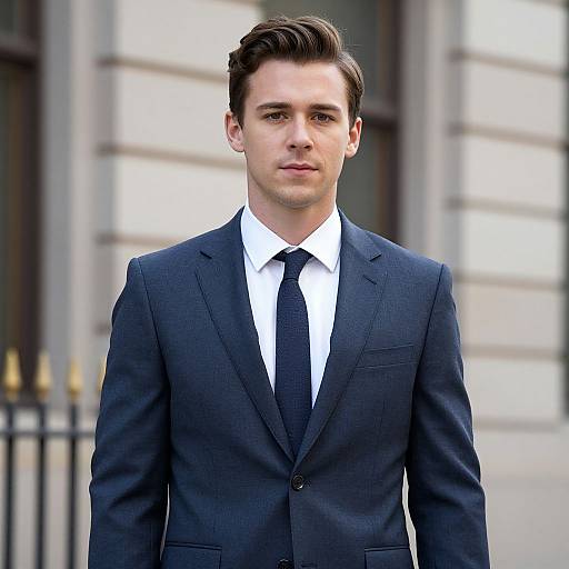 Photograph of a young, handsome white man with short brown hair in a dark blue suit, white shirt, and black tie, standing in front of