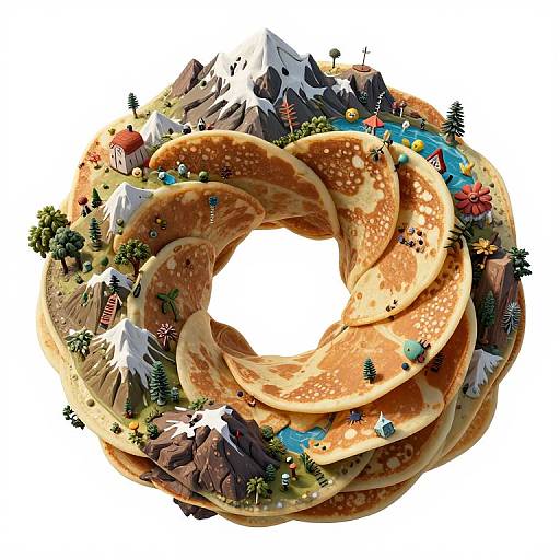 Whimsical digital artwork of a twisted, spiral doughnut adorned with miniature mountain landscapes, trees, houses, and colorful flowers.