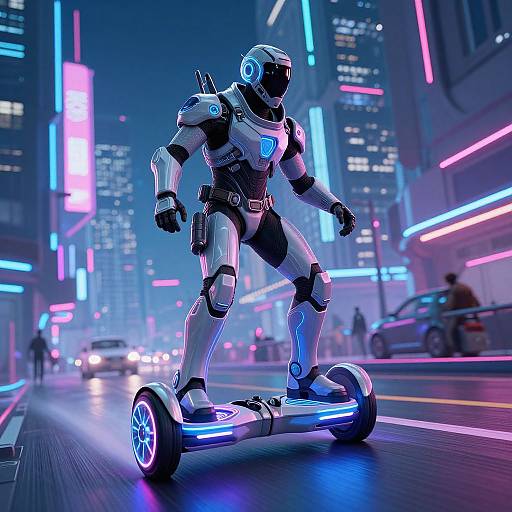 CGI image of a futuristic, neon-lit city at night. A sleek, white humanoid robot with glowing blue accents rides an hoverboard, standing