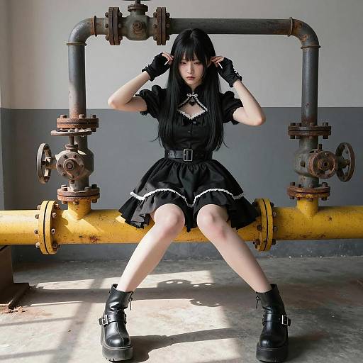 Gothic Asian Woman in Industrial Setting