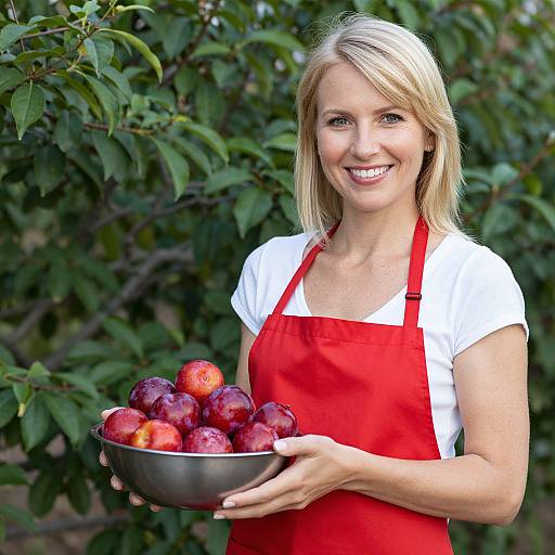 Photograph of a smiling blonde woman with fair skin, wearing a red apron over a white shirt, holding a bowl of ripe, red plums