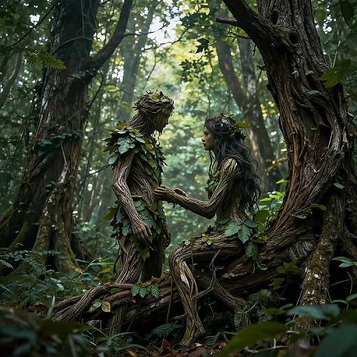 Photograph of two mythical forest creatures with leaf-covered bodies and twig-like hair, sitting on a tree branch, facing each other in a lush, sun