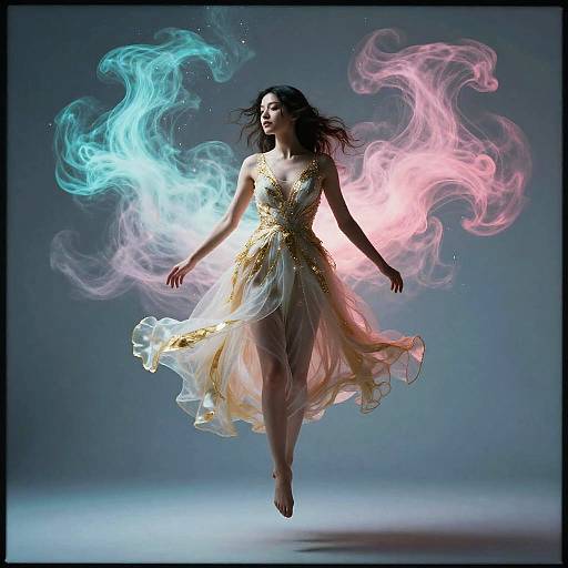 Levitating Woman with Cyan and Pink Light Clouds