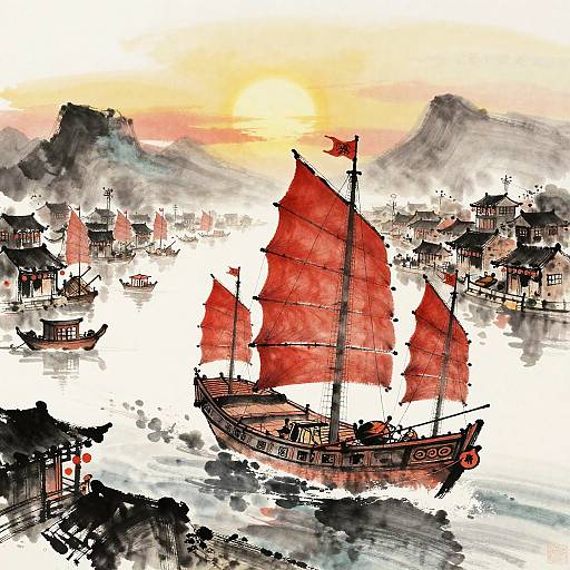 Sumi-e Chinese Junk at Spice Harbor