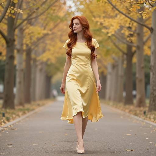 Red-haired woman in yellow dress walking on tree-lined path