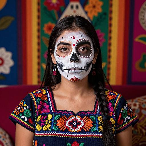 Photograph of a young woman with dark hair in a braid, wearing a colorful embroidered dress and white sugar skull face paint, set against a vibrant