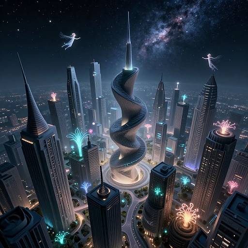 Digital CGI image of a futuristic cityscape with a spiral skyscraper at its center, surrounded by glowing, neon-lit buildings and floating winged creatures