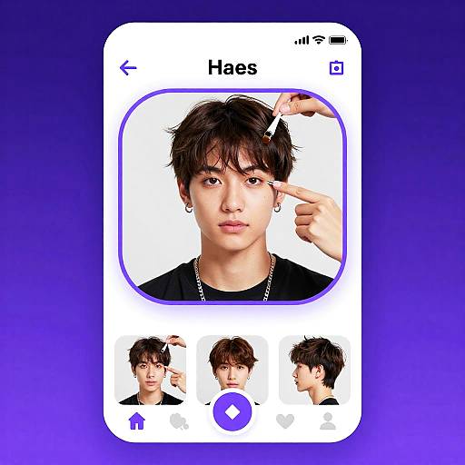 Digital image of a male avatar with short brown hair, wearing a black shirt, adjusting his left eyebrow, displayed in a photo editing app interface with a