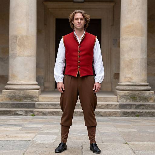 Photograph of a man with curly brown hair, wearing a red vest, white shirt, brown pants, and black shoes, standing in front of a