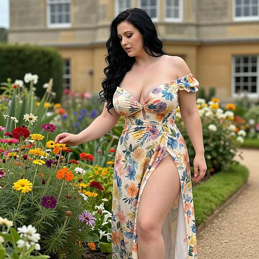 Photograph of a curvy woman with long black hair, wearing a floral off-shoulder dress with a high slit, standing in a vibrant garden