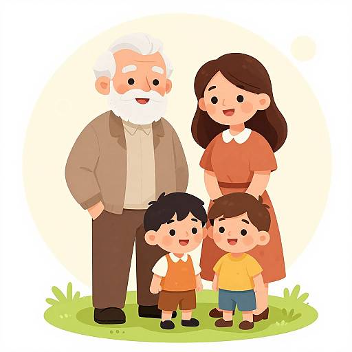 Cartoon-style illustration of a smiling elderly white man with a beard, brown jacket, and brown pants, standing with a brown-haired woman in an orange