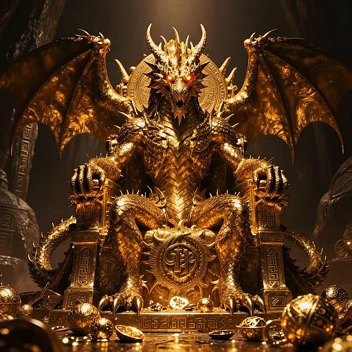 Photograph of a towering, golden dragon throne with fiery details, large wings, and intricate patterns, set against a dark, cave-like background. The