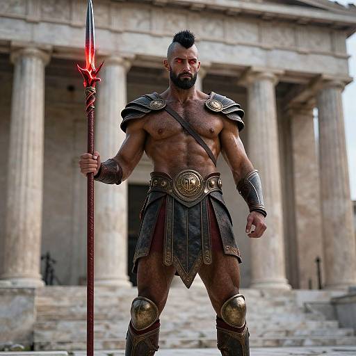 Muscular bearded man with dark skin, short black hair, and tribal armor holds red-tipped spear in front of ancient stone columns. Photoreal