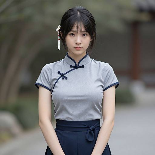Photograph of an East Asian woman with black hair in a bun, wearing a grey cheongsam with black trim and bow, standing outdoors with a