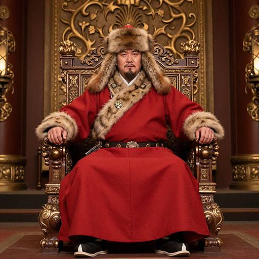 Photograph of a bearded man in a red fur-trimmed robe and fur hat, seated on an ornate golden throne, in a rich