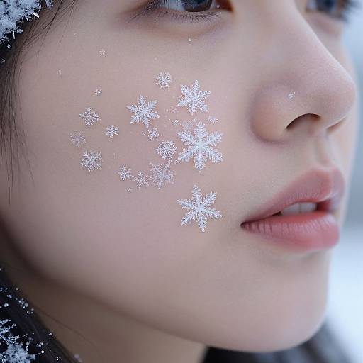 Close-up photograph of an Asian woman's face with delicate white snowflakes on her left cheek, soft pink lips, and dark hair, against a