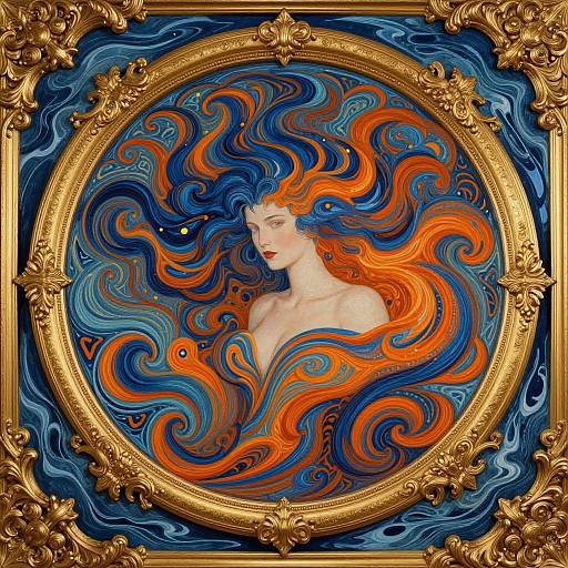 Digital painting of a pale-skinned, red-lipped woman with flowing orange and blue hair, framed in an ornate gold circular frame.