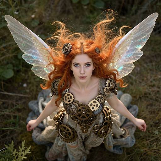 Photograph of a fair-skinned, red-haired fairy with glowing transparent wings, wearing an ornate, gear-patterned dress, standing in a forest