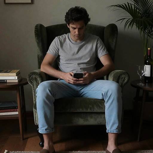 Man Sitting in Green Armchair Using Phone