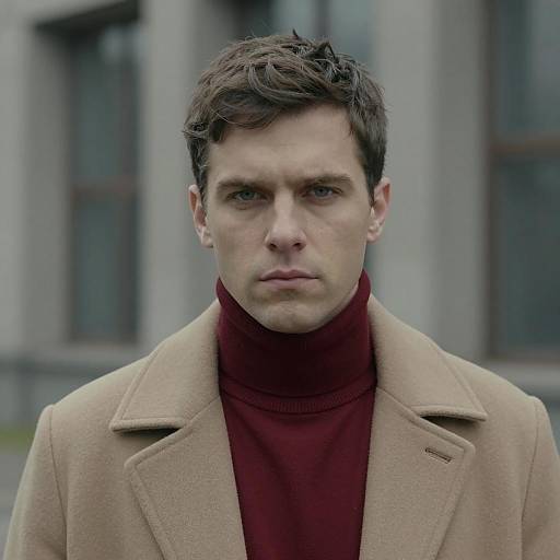 Serious Man in Beige Coat and Red Turtleneck